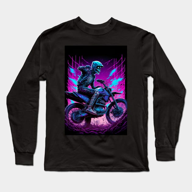 Skeleton Riding Dirt Bike Cyber Future Style Long Sleeve T-Shirt by KoolArtDistrict